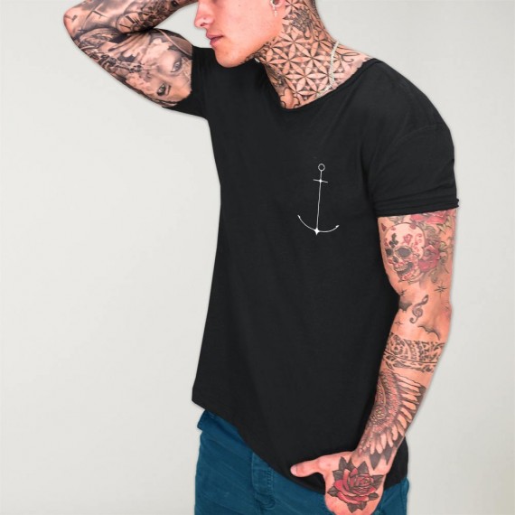 Men T-Shirt Open neck Black Minimal Anchor