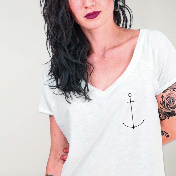 T-shirt mit V-Ausschnitt Damen Weiß Minimal Anchor