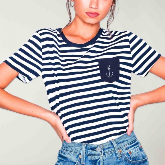 T-shirt Damen Weiß / Marineblau Sailor Pocket Anchor