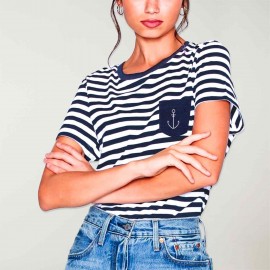 T-shirt Femme Blanc /Bleu Marine Sailor Pocket Anchor