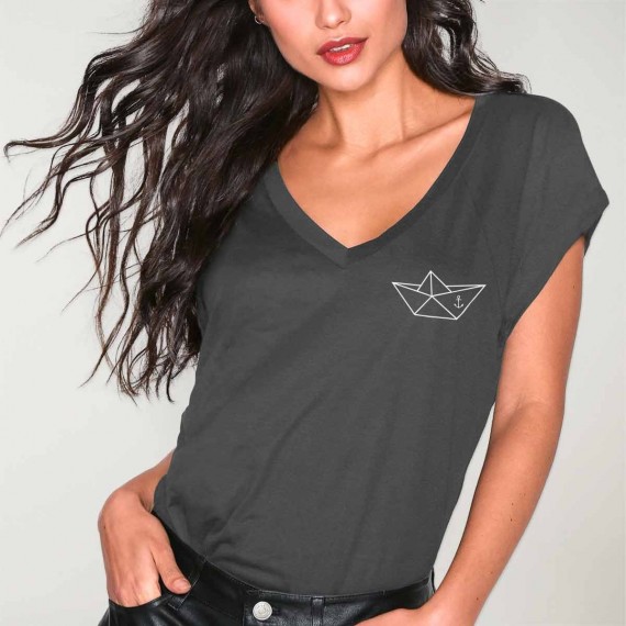 T-shirt mit V-Ausschnitt Damen Anthrazitgrauer Anchored Paper Ship