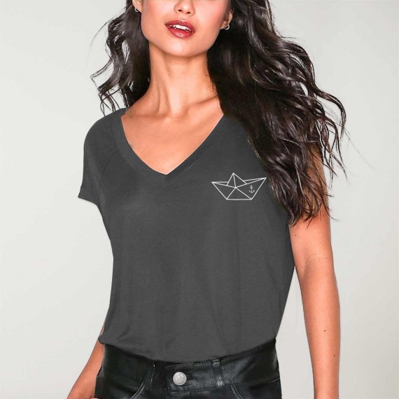 T-shirt mit V-Ausschnitt Damen Anthrazitgrauer Anchored Paper Ship | T-Shirts