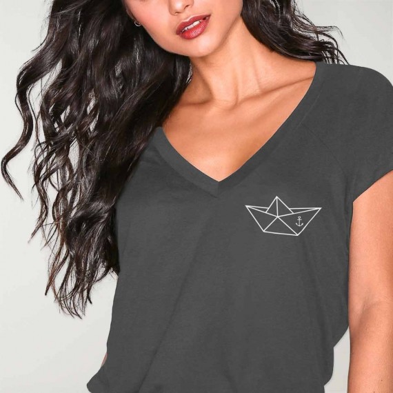 Women T-shirt V-neck Charcoal Anchored Ship Paper