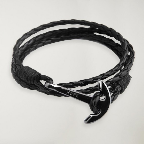 Hand Crafted,Alloy,Wrap Around Unisex Adjustable Black Anchor Leather Bracelet 
