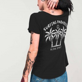 Women T-shirt V-neck Black Aloha