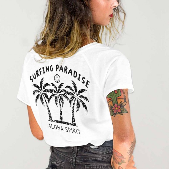Women T-shirt V-neck White Aloha
