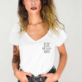 T-shirt à col en V Femme Blanc Aloha