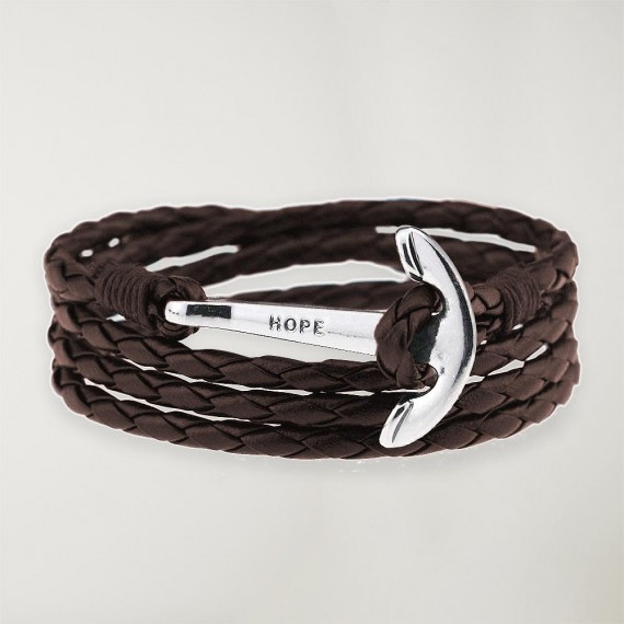 Bracelet Brown Leather Anchor Silver Hope