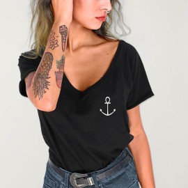 T-shirt mit V-Ausschnitt Damen Schwarz Anker
