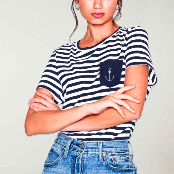T-shirt Unisexe Blanc /Bleu Marine Sailor Pocket Anchor
