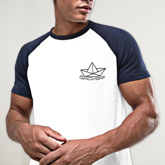 T-Shirt Herren Weiß / Marineblau Baseball Paper Ship