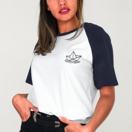 Camiseta Unisex Blanca / Azul Marino Baseball Paper Ship