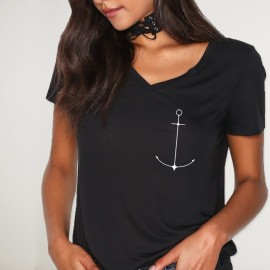 T-shirt mit V-Ausschnitt Damen Schwarz Minimal Anchor
