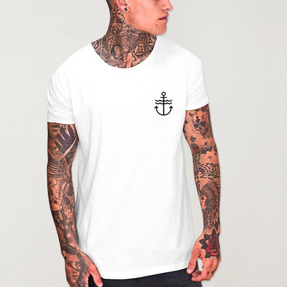 Men T-Shirt Open neck White Waves Anchor