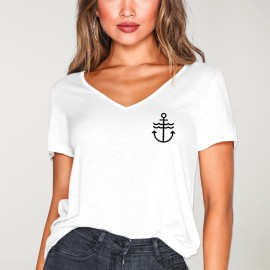 T-shirt à col en V Femme Blanc Waves Anchor