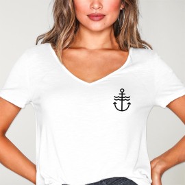 Women T-shirt V-neck White Waves Anchor