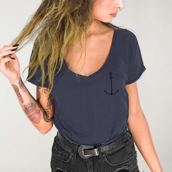 Women T-shirt V-neck Ocean Minimal Anchor